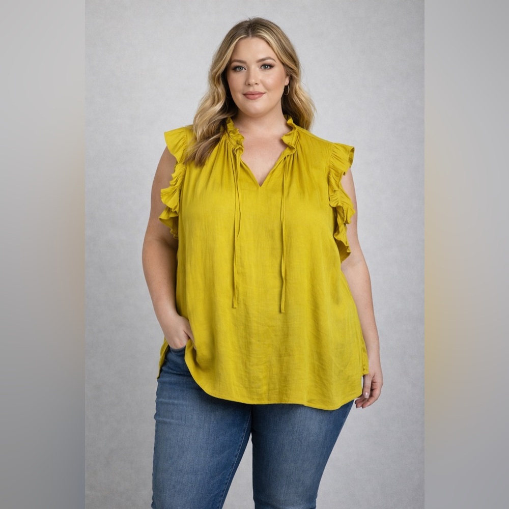 Cupcakes And Cashmere Women's Sz XL Green V-Neck Ruffle Sleeve Lightweight‎ Top